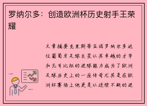 罗纳尔多：创造欧洲杯历史射手王荣耀