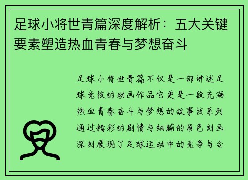 足球小将世青篇深度解析：五大关键要素塑造热血青春与梦想奋斗